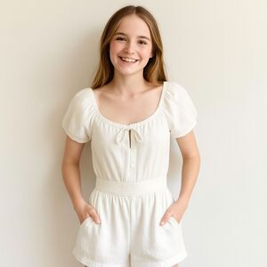 Aerie White Puff Sleeve Cotton Romper Small Petite Peasant Cottagecore Soft Girl